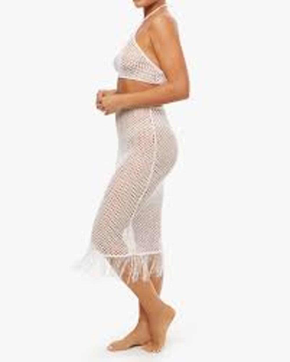 Revolve WE WORE WHAT Fishnet Crochet Midi Skirt w Fringe Hem Size Small S SHEER